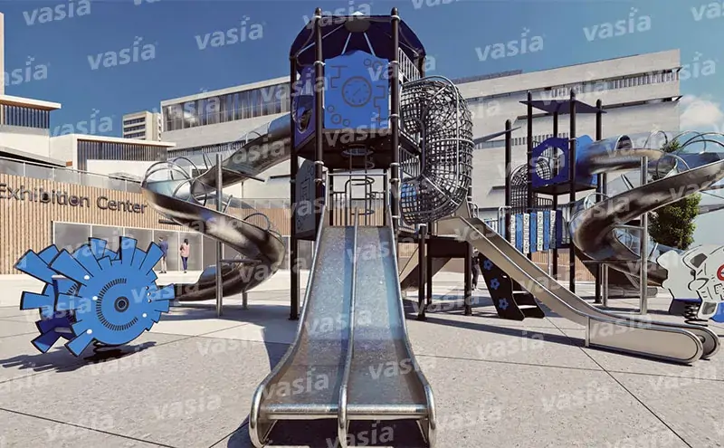 Modular commercial stainless steel playground equipment with multiple slides and climbing net for residential community